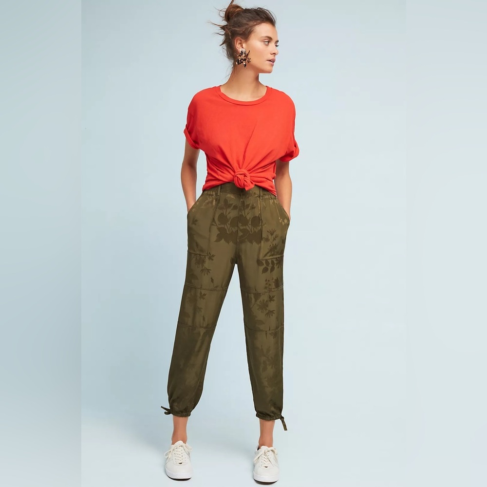 Anthropologie Olive Green Silky Floral Jacquard Utility Ankle Jogger Pants